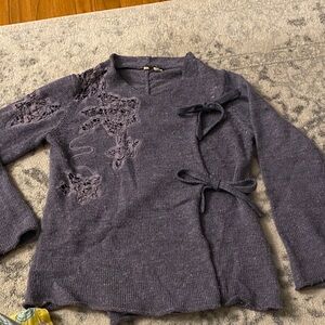 Moth Dark Gray Knit Top with Bow and Lace Cutouts